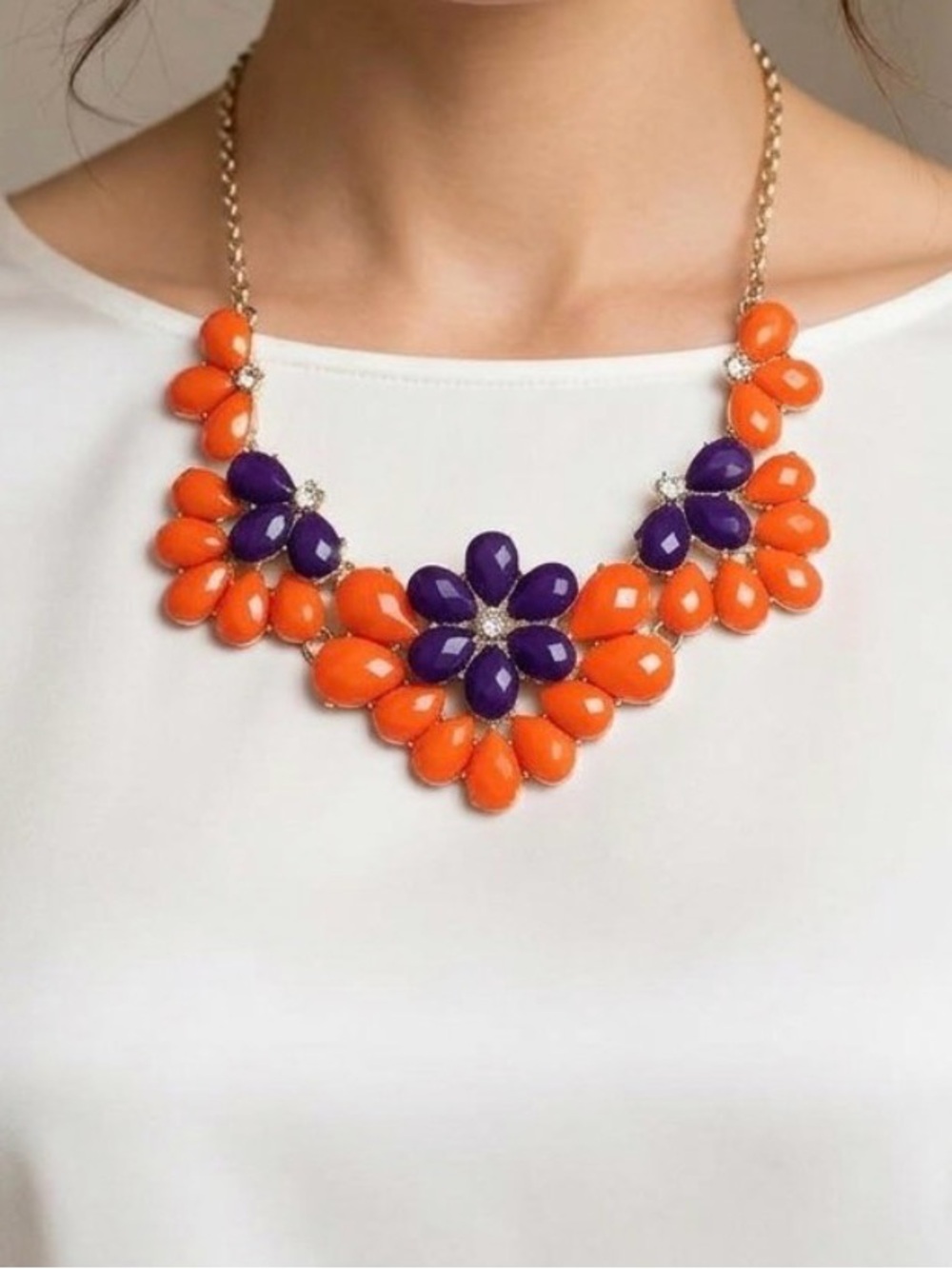 Bold Floral Statement Necklace - Orange & Purple